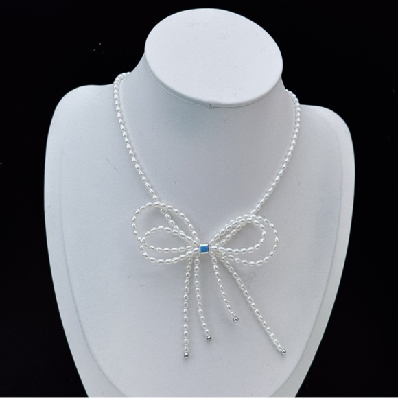 X359 S925 High Quality Freshwater Pearl  Bow Necklace - Picture 6 of 8